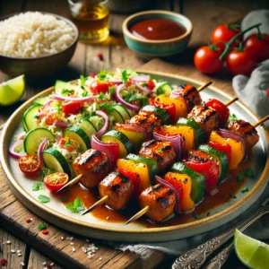 BBQ sweet & sour spiesjes met gegrilde groenten, geserveerd met een frisse rijstsalade van jasmijnrijst, komkommer en tomaat, gegarneerd met limoen en sesamzaadjes.