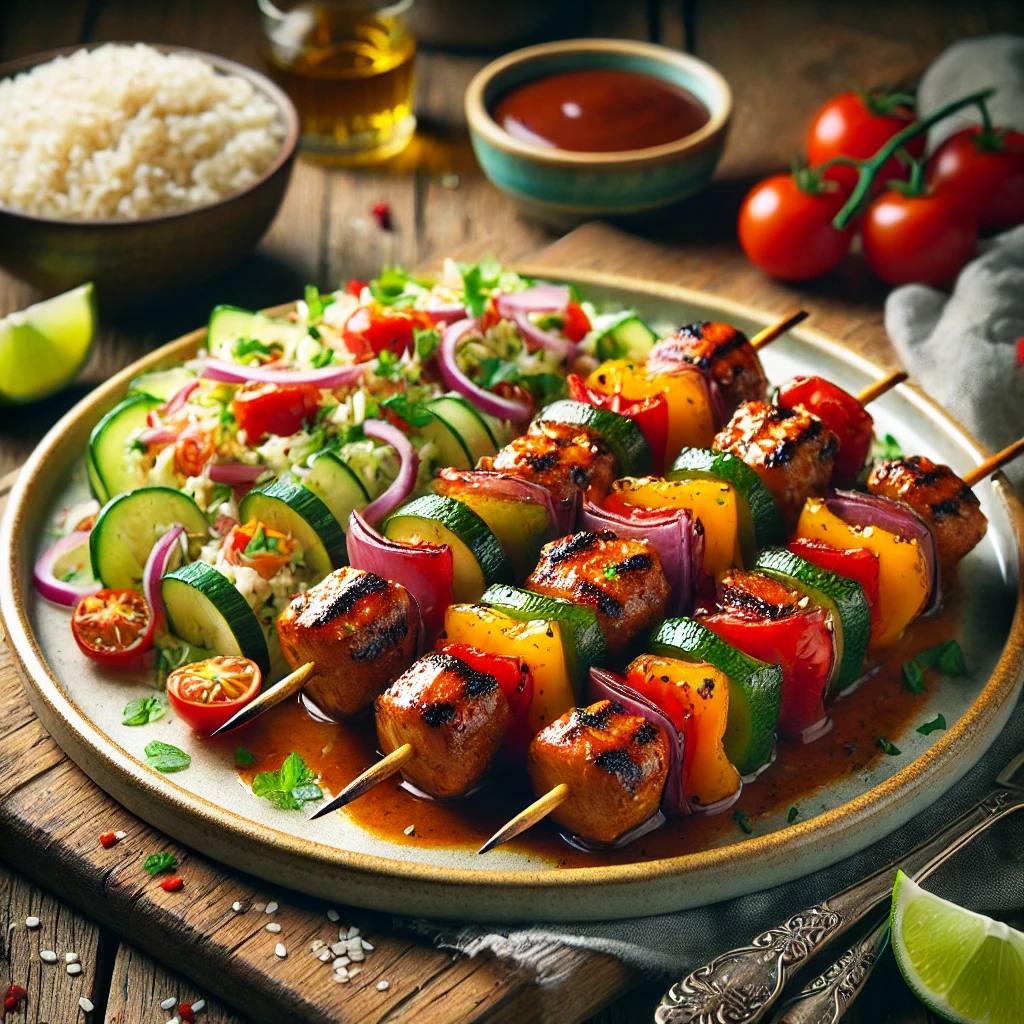 BBQ sweet & sour spiesjes met gegrilde groenten, geserveerd met een frisse rijstsalade van jasmijnrijst, komkommer en tomaat, gegarneerd met limoen en sesamzaadjes.