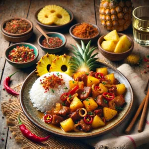 Babi Ketjap met exotische ananas, geserveerd met witte rijst, krokante gebakken uitjes, en paprika, met bijgerechten zoals atjar en kroepoek, op een rustieke tafel met decoratieve tropische accenten en een glas witte wijn.