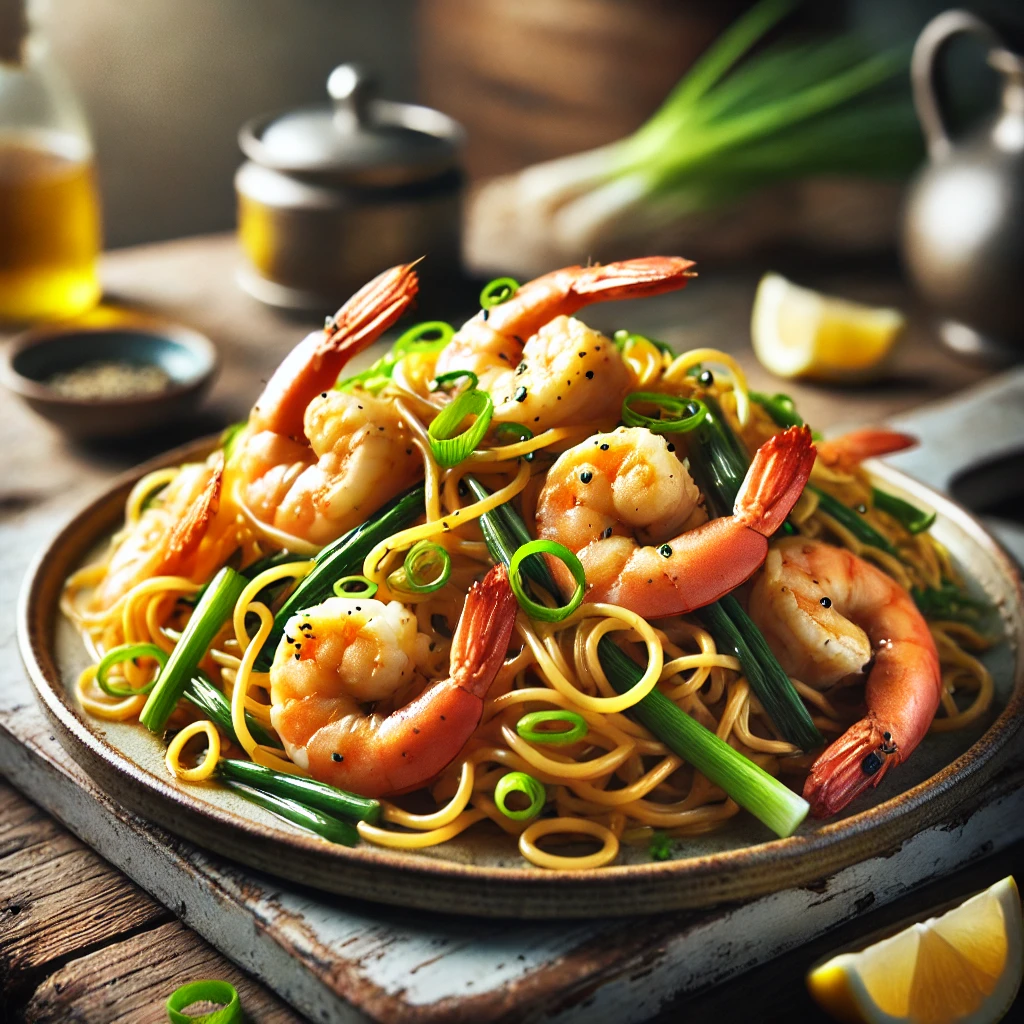 Bami met bosui en reuzengarnalen - Receptenplein.nl