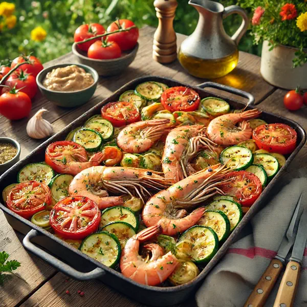 Barbecuegerecht met gemarineerde gamba’s, plakjes tomaat en courgette in een BBQ-schaal, overgoten met een marinade van crème fraîche, olijfolie, citroen en knoflook. Geserveerd op een houten tafel met zomerse kleuren op de achtergrond in een landelijke barbecuesfeer.