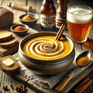 Een realistische foto van Biersoep uit Malmédy, een traditionele Belgische biersoep, geserveerd in een keramieken kom op een doorleefde houten tafel. De romige, goudkleurige soep is doordrenkt met bier, warme specerijen zoals kaneel en gember, en een vleugje citrus. Een swirl van room en een snufje versgemalen peper verfijnen de presentatie. Dikke plakken rustiek bruin brood met boter worden erbij geserveerd. Op de achtergrond ligt een houten snijplank met extra brood, een klein glas bier en een schaaltje specerijen, subtiel vervaagd. Zacht natuurlijk licht benadrukt de texturen en kleuren, wat zorgt voor een uitnodigende, traditionele uitstraling.