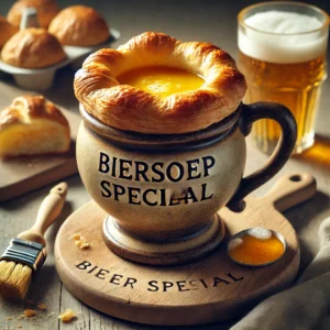 Een realistische foto van Biersoep Speciaal, geserveerd in een rustieke stenen bierpul met een goudbruine bladerdeegdeksel. De romige soep is verborgen onder een knapperige, perfect gebakken korst, die licht gebarsten is om een glimp van de warme vulling te onthullen. Op de achtergrond ligt een houten snijplank met extra deeg, een kwastje met eistrijksel en een klein glas bier, subtiel vervaagd. Zacht natuurlijk licht benadrukt de texturen en kleuren, wat zorgt voor een uitnodigende, gastronomische uitstraling.