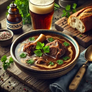 Een realistische foto van biersoep met Rodenbach en kalfsschenkel, geserveerd in een keramieken kom op een doorleefde houten tafel. De soep heeft een diepe, rijke bruine kleur en een fluweelzachte textuur, met de moutige, licht zure tonen van Rodenbach bier. Zacht gegaarde stukjes kalfsschenkel drijven in de bouillon, gegarneerd met verse peterselie en een drizzle room. Een rustiek brood ligt ernaast, ideaal om in de soep te dopen. Op de achtergrond ligt een houten snijplank met een klein glas Rodenbach, extra peterselie en een schaaltje grof zout, subtiel vervaagd.