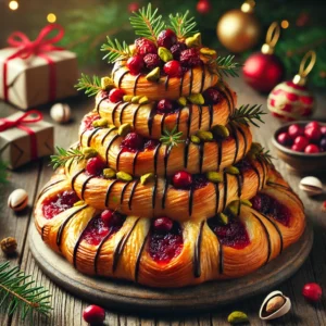 Bladerdeeg kerstboom gevuld met cranberryjam, gedecoreerd met gesmolten chocolade, pistachenoten en gedroogde cranberries, gepresenteerd op een rustieke houten tafel met feestelijke decoraties zoals hulsttakjes en kerstornamenten in warm natuurlijk licht.