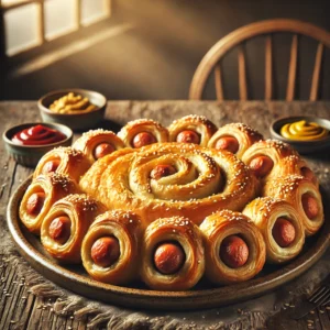 Knapperige bladerdeeg knakworst spiralen, goudbruin gebakken en bestrooid met sesamzaadjes, geserveerd met mosterd en ketchup op een rustieke houten tafel.