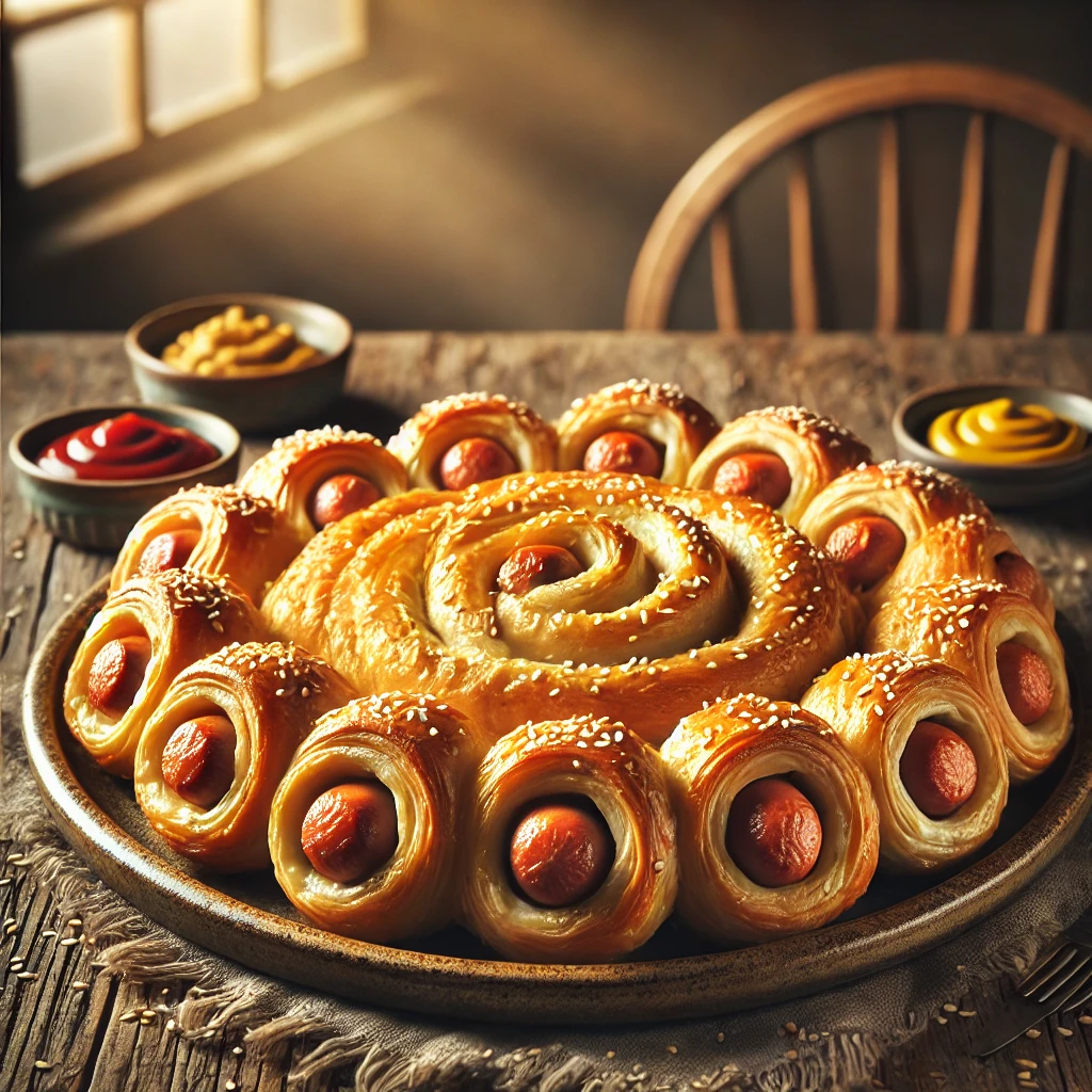 Knapperige bladerdeeg knakworst spiralen, goudbruin gebakken en bestrooid met sesamzaadjes, geserveerd met mosterd en ketchup op een rustieke houten tafel.