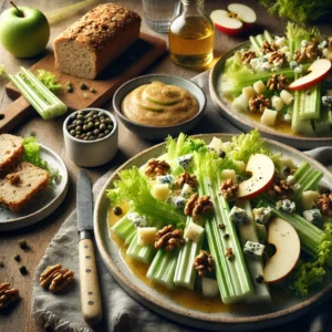 Bleekselderijsalade met blauwschimmelkaas, appel, walnoten en kappertjes, besprenkeld met mosterddressing, geserveerd op borden met bruin stokbrood en decoratieve ingrediënten zoals bleekselderij en witte wijn.