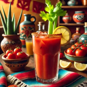 Een klassieke cocktail genaamd 'Bloody Mary', geserveerd in een hoog glas met een levendige rode kleur. Het drankje is gemaakt van wodka, tomatensap en een vleugje peper. Het glas is gegarneerd met een verse selderijstengel en een schijfje citroen. De tafel is gedecoreerd met kleurrijke Mexicaanse textiel, een kleine kleikom met cherrytomaatjes en feestelijke accenten. De achtergrond toont een warme, levendige Mexicaanse setting met rustieke houten accenten, terracottategels en zacht natuurlijk licht. Er zijn geen teksten of etiketten zichtbaar op glazen, flessen of oppervlakken.