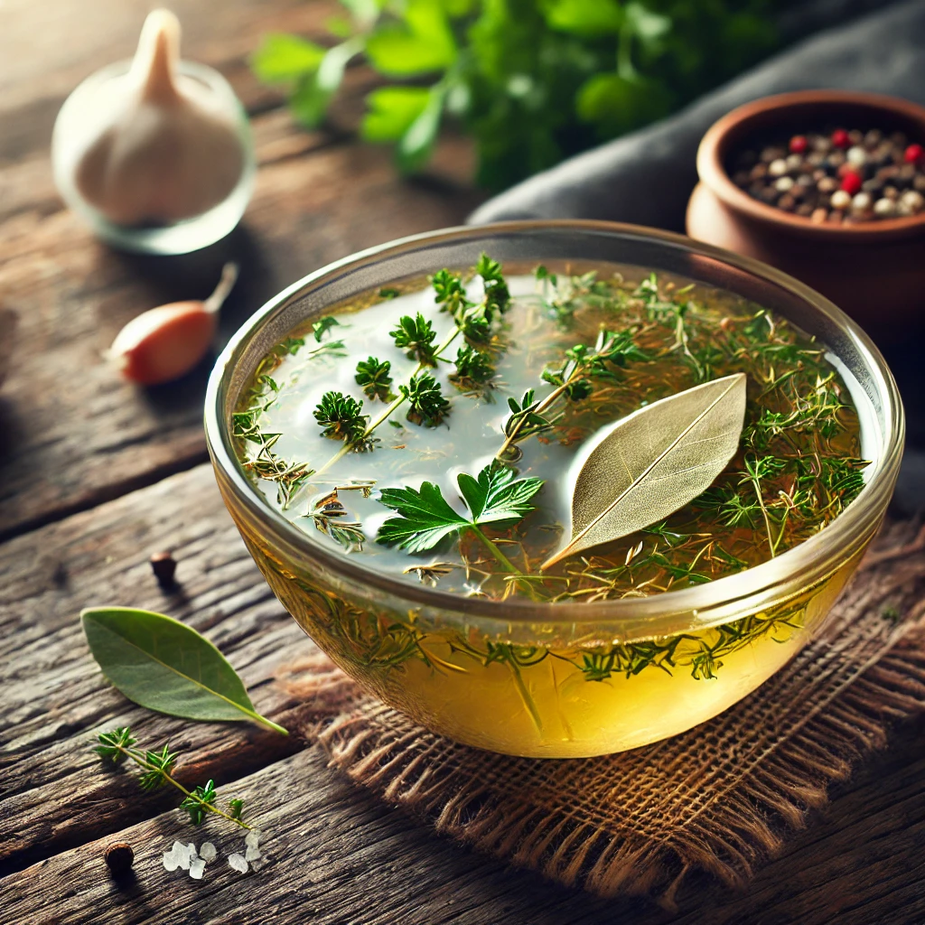 Heldere bouillon met verse kruiden zoals peterselie en tijm, geserveerd in een kom op een rustieke houten tafel.