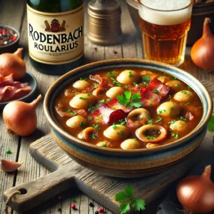 Een realistische foto van Biersoep Roularius, een stevige biersoep, geserveerd in een keramieken kom op een doorleefde houten tafel. De rijke, goudbruine soep is doordrenkt met Rodenbach-bier, wat zorgt voor een diepe, moutige smaak. Zachte zilveruitjes, knapperige spekblokjes en gebakken champignons drijven in de dikke bouillon. De soep is gegarneerd met versgehakte peterselie en bieslook voor een frisse touch. Op de achtergrond ligt een houten snijplank met extra spek, uitjes en een fles Rodenbach-bier, subtiel vervaagd. Zacht natuurlijk licht benadrukt de texturen en kleuren, wat zorgt voor een uitnodigende, rustieke uitstraling.