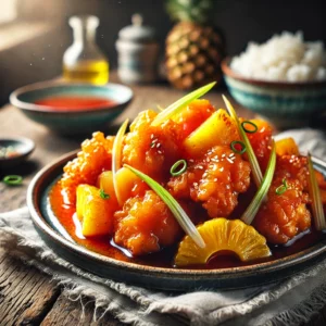 Chinese kip met ananas in een zoetzure saus, geserveerd met julienne selderij, sesamzaadjes en lente-ui op een rustieke houten tafel.