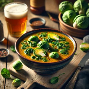 Een realistische foto van Brabantse biersoep met spruitjes en zuring, geserveerd in een keramieken kom op een doorleefde houten tafel. De soep heeft een warme, goudbruine kleur en een fluweelzachte textuur, verrijkt met moutige bieraroma’s. Zachte spruitjes en fijngesneden zuring zorgen voor een frisse en kleurrijke toevoeging. Een drizzle room en een snufje zwarte peper maken de presentatie af. Op de achtergrond ligt een houten snijplank met extra spruitjes, een klein glas bier en een bosje verse zuring, subtiel vervaagd.
