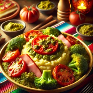 Broccolistamppot met Pesto, Tomaat en Hamreepjes