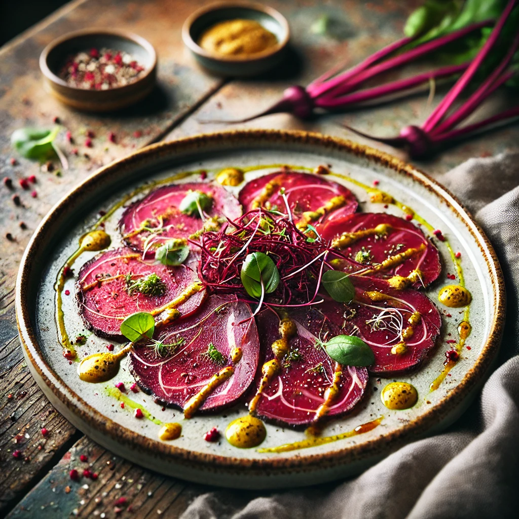 Dun gesneden eendenfilet carpaccio met mosterdvinaigrette, rode bietscheuten, Parmezaanse kaas en verse basilicum, geserveerd op een rustieke houten tafel.
