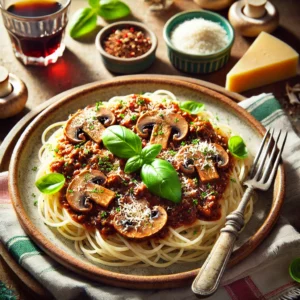 Een hartige en uitnodigende presentatie van champignons alla Bolognese met spaghetti, geserveerd op een rustiek bord. Het gerecht bevat spaghetti bedekt met een rijke Bolognese-saus van champignons, gegarneerd met verse basilicum en geraspte Parmezaanse kaas. De setting bevat een kleurrijk tafelkleed, een klein schaaltje Parmezaanse kaas, een glas rode wijn en een vork, verlicht door helder natuurlijk licht om de rijke en troostende uitstraling te benadrukken.