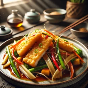 Gefrituurde visfilets met roergebakken paprika, wortel en bamboespruiten in een zoet-hartige saus, gegarneerd met lente-ui en sesamzaadjes, geserveerd op een rustieke houten tafel.