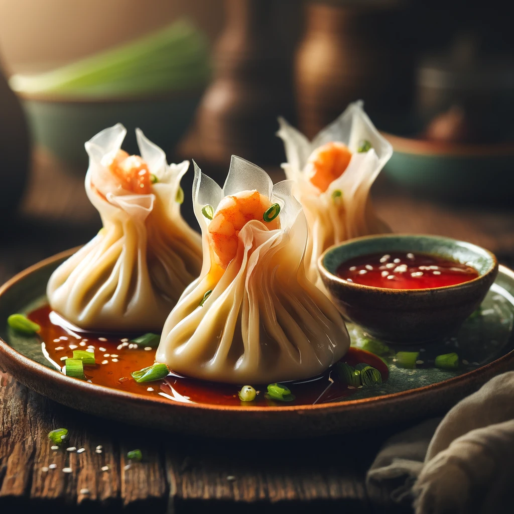 Delicate Chinese dumplings met garnalenvulling, besprenkeld met zoetzure saus en gegarneerd met lente-ui en sesamzaadjes, geserveerd met een dipsaus op een rustieke houten tafel.