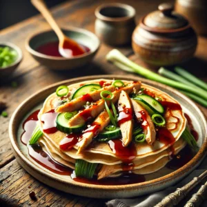Dunne Chinese flensjes gevuld met kip, komkommer en lente-ui, besprenkeld met hoisinsaus, geserveerd met extra saus op een rustieke houten tafel.