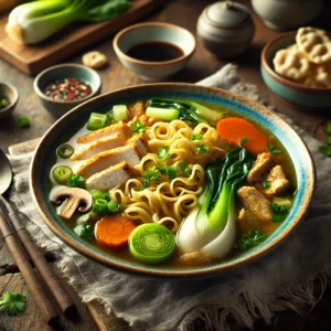 Chinese gemengde soep met kip, eiermie en verse groenten, gegarneerd met lente-ui en koriander, geserveerd met sojasaus en kroepoek op een rustieke houten tafel.