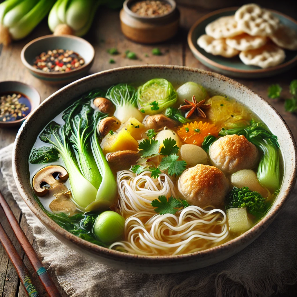 Heldere Chinese groentesoep met kipballetjes, mihoen en verse groenten, gegarneerd met lente-ui en koriander, geserveerd met sojasaus en kroepoek op een rustieke houten tafel.