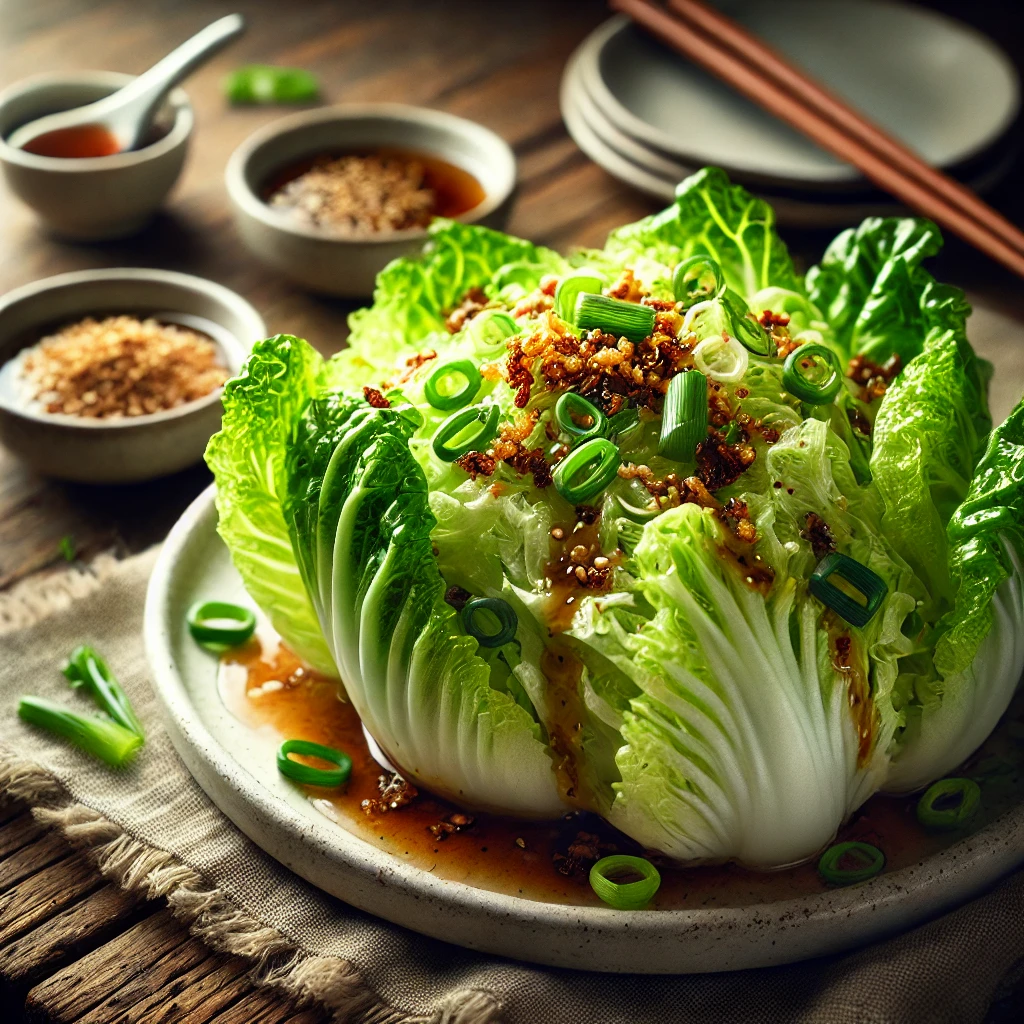 Knapperige Chinese ijsbergsalade met een hartige oestersausdressing, gegarneerd met lente-ui, sesamzaad en krokante gefruite uitjes, geserveerd op een rustieke houten tafel.