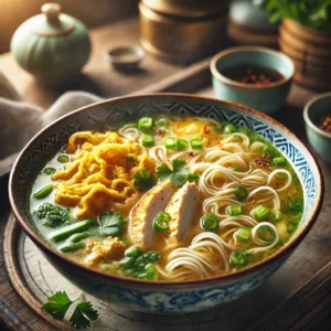 Chinese kippensoep met mihoen en dunne omeletreepjes, gegarneerd met peterselie en lente-ui, geserveerd met sojasaus op een rustieke houten tafel.