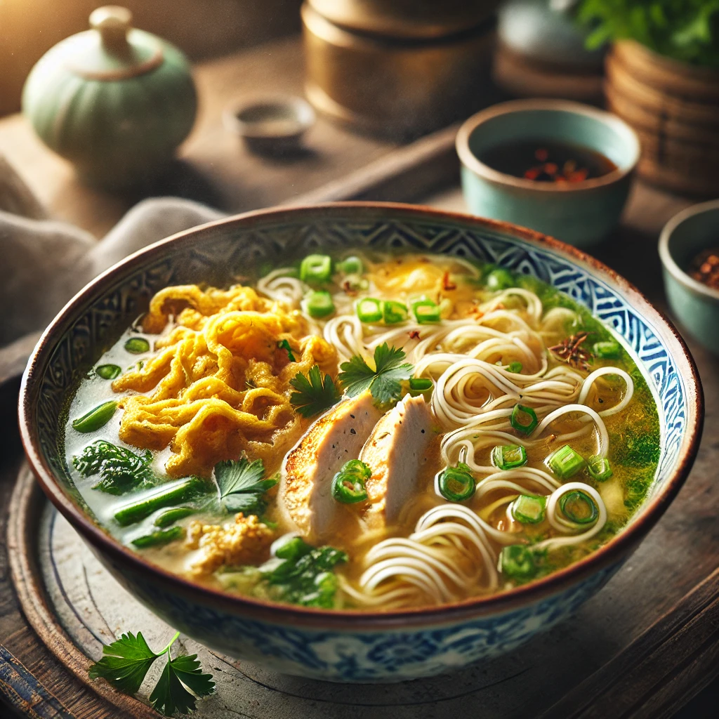 Chinese kippensoep met mihoen en dunne omeletreepjes, gegarneerd met peterselie en lente-ui, geserveerd met sojasaus op een rustieke houten tafel.