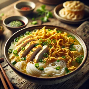 Chinese kippensoep met mihoen en dunne omeletreepjes, gegarneerd met lente-ui en koriander, geserveerd met sojasaus en kroepoek op een rustieke houten tafel.
