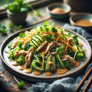 Chinese kipsalade met komkommer, wortel en waterkers, gegarneerd met sesamzaadjes en koriander, geserveerd met een romige pindadressing op een rustieke houten tafel.