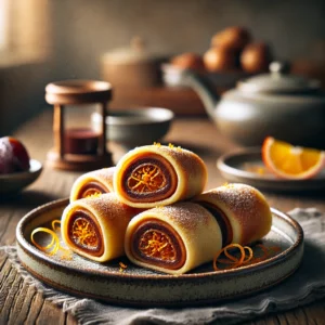 Chao Lie Wu Pan, Chinese pannenkoeken gevuld met zoete dadelpasta en sinaasappelrasp, goudbruin gebakken en bestrooid met poedersuiker, geserveerd op een rustieke houten tafel.