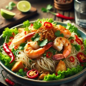 Chinese noedelsalade met kip, scampi’s, rode chili, koriander en krokante sjalotjes, geserveerd op een bedje van sla op een rustieke houten tafel.