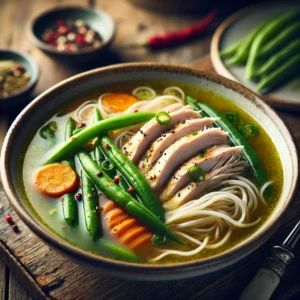 Chinese sperziebonensoep met kalkoen, mie en verse groenten, gegarneerd met bosui en vijfkruidenpoeder, geserveerd op een rustieke houten tafel.