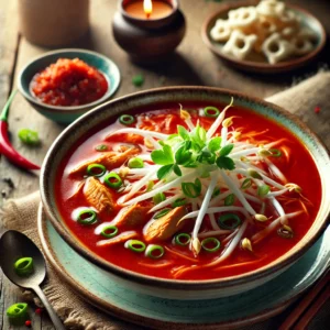Chinese tomatensoep met een rijke rode kleur, gegarneerd met taugé en lente-ui, geserveerd met sambal en kroepoek op een rustieke houten tafel.