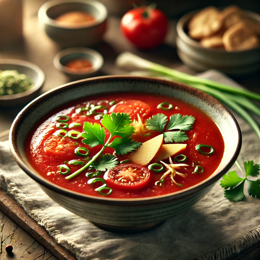 Chinese tomatensoep met een diepe rode kleur, op smaak gebracht met gember en kruiden, gegarneerd met lente-ui en koriander, geserveerd met kroepoek op een rustieke houten tafel.