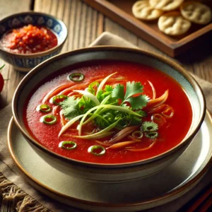 Chinese tomatensoep met een diepe rode kleur, gegarneerd met fijngesneden lente-ui en koriander, geserveerd met sambal en kroepoek op een rustieke houten tafel.