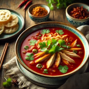 Chinese tomatensoep met kip en ketjap, gegarneerd met lente-ui en koriander, geserveerd met kroepoek op een rustieke houten tafel.