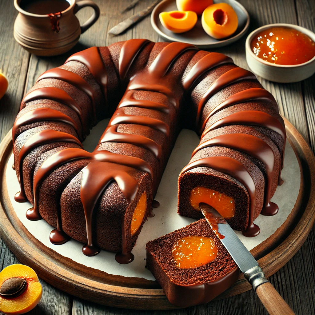 Een rustieke houten tafel met een versgebakken chocoladelettercake, geglazuurd met gesmolten chocolade en gevuld met abrikozenjam. Een mes snijdt een plak af, waardoor de jamvulling zichtbaar wordt. Naast de cake staat een klein schaaltje abrikozenjam en een kopje koffie, in een sfeervol verlichte setting.