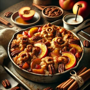 Een ovenschaal met gekarameliseerde appelvulling en goudbruine cinnamon rolls, gegarneerd met pecannoten en kaneel, geserveerd op een houten tafel met een bolletje vanille-ijs en een linnen servet op de achtergrond.