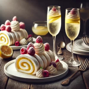 Citroen-frambozenmeringuerol met lagen lemon curd, slagroom en verse frambozen, geserveerd met citroengranita in champagneflutes, gepresenteerd op witte borden op een donkere, rustieke houten tafel in zacht natuurlijk licht.
