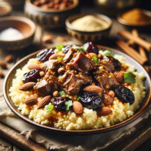 Geurige couscous met langzaam gegaard lamsvlees, zoete pruimen en knapperige amandelen, gegarneerd met verse koriander en kaneel, geserveerd op een rustieke houten tafel.