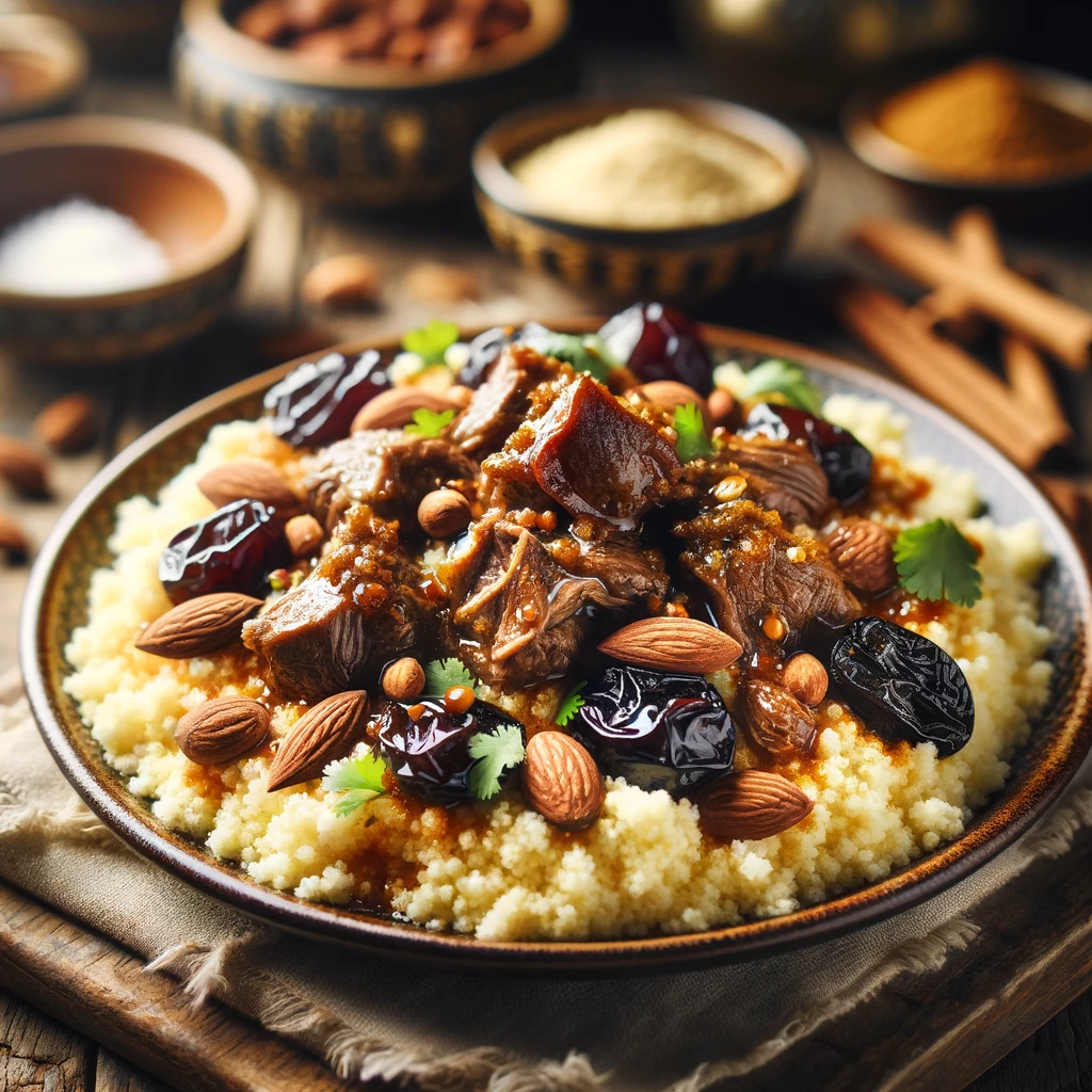 Geurige couscous met langzaam gegaard lamsvlees, zoete pruimen en knapperige amandelen, gegarneerd met verse koriander en kaneel, geserveerd op een rustieke houten tafel.