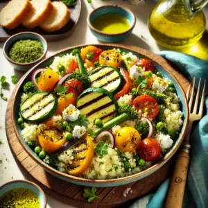 Een levendige en frisse presentatie van couscoussalade met geitenkaas en ratatouillegroenten, geserveerd in een rustieke kom. De salade bevat luchtige couscous, gegrilde ratatouillegroenten, verkruimelde geitenkaas en verse kruiden, besprenkeld met olijfolie. De setting bevat een kleurrijk tafelkleed, een bordje met knapperig brood, een klein schaaltje olijfolie en een glas bruisend water, verlicht door helder natuurlijk licht om de zomerse en uitnodigende uitstraling te benadrukken.