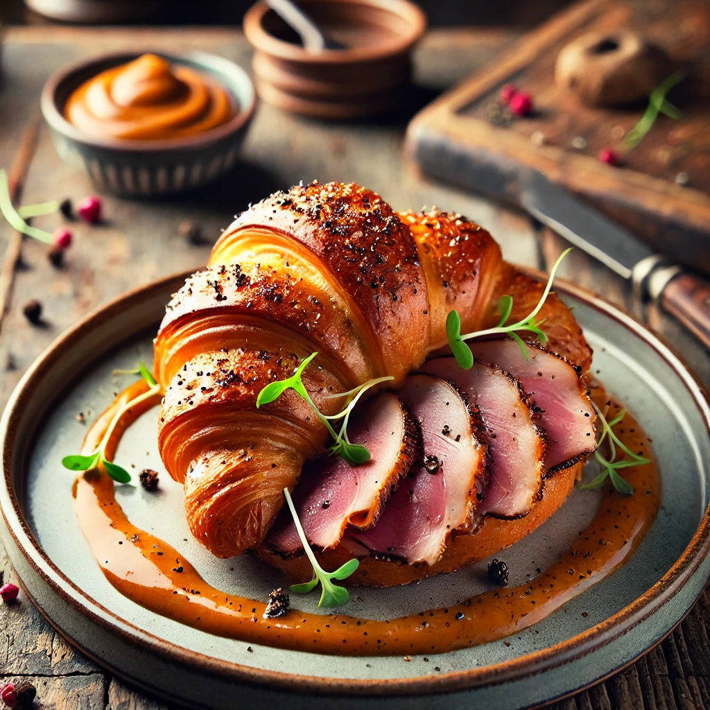 Knapperige croissanttoast met dun gesneden gerookte eend en een romige pepersaus, gegarneerd met microgreens en zwarte peper, geserveerd op een rustieke houten tafel.