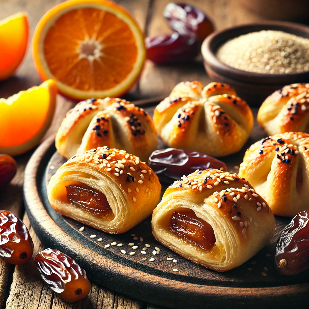 Dadel-sinaasappel bladerdeeghapjes met een goudbruine korst, bestrooid met sesamzaadjes, geserveerd op een houten plank met decoratie van verse sinaasappelschijfjes, dadels en een schaaltje sesamzaad.