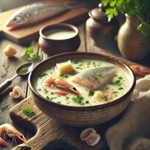 Een rustieke foto van Dieppoise visvelouté, geserveerd in een keramieken kom op een doorleefde houten tafel. Deze romige Franse zeevruchtensoep heeft een fluweelzachte, gebroken witte textuur en is op smaak gebracht met delicate tonen van witte vis, garnalen en schelpdieren. De soep is gegarneerd met fijngesneden kruiden en een drizzle room voor een elegante afwerking. Enkele stukjes malse vis en garnalen zijn zichtbaar in de bouillon. Op de achtergrond ligt een houten snijplank met verse kruiden en een schaaltje room, subtiel vervaagd. Zacht natuurlijk licht zorgt voor een warme en uitnodigende sfeer.