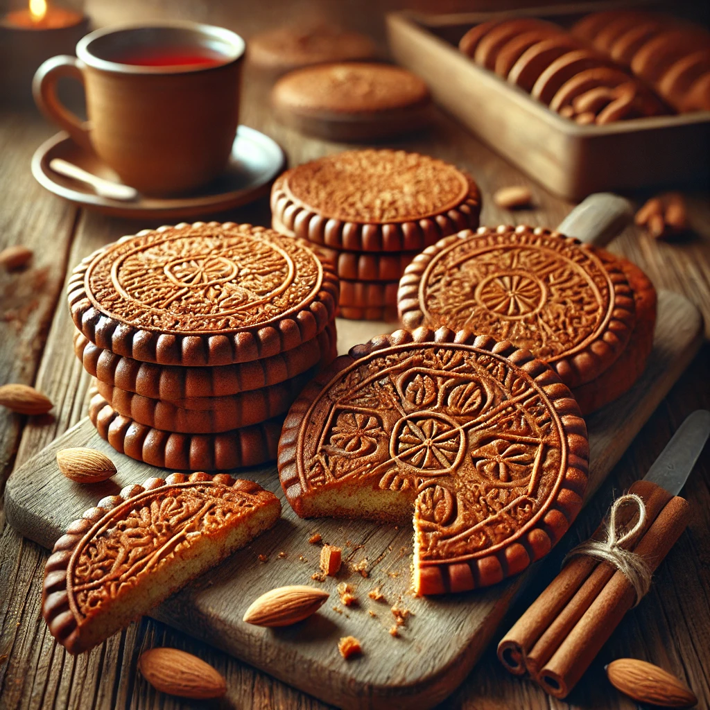 Een realistische foto van dikke roomboterspeculaas op een rustieke houten tafel. De goudbruine speculaaskoekjes hebben een knapperige buitenkant en een rijke, boterige textuur. Traditionele patronen zijn in het deeg gedrukt en hele amandelen zijn in de bovenkant verwerkt. Een paar gebroken stukken laten de kruimelige, zachte binnenkant zien. Op de achtergrond zijn een kopje thee, een kaneelstokje en een schaaltje extra amandelen subtiel vervaagd voor een warme, uitnodigende sfeer.
