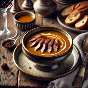 Duivenvelouté Colombine, een romige en fluweelzachte soep met een warme gouden tint, geserveerd in een rustiek keramisch schaaltje. Gegarneerd met dunne reepjes duivenborst en een vleugje room, met knapperig stokbrood ernaast, sfeervol gepresenteerd op een houten tafel met natuurlijke belichting.