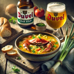 Een realistische foto van Duvelse krabsoep, geserveerd in een keramieken kom op een doorleefde houten tafel. De rijke, goudkleurige bouillon is op smaak gebracht met Duvel-bier en visbouillon, met malse stukjes krab, fijngesneden prei en tomaten die kleur en textuur toevoegen. Een snufje verse peterselie maakt het gerecht af. Een krokant stukje stokbrood ligt ernaast, perfect om te dippen. Op de achtergrond ligt een houten snijplank met extra krab, verse kruiden en een glas Duvel-bier, subtiel vervaagd.