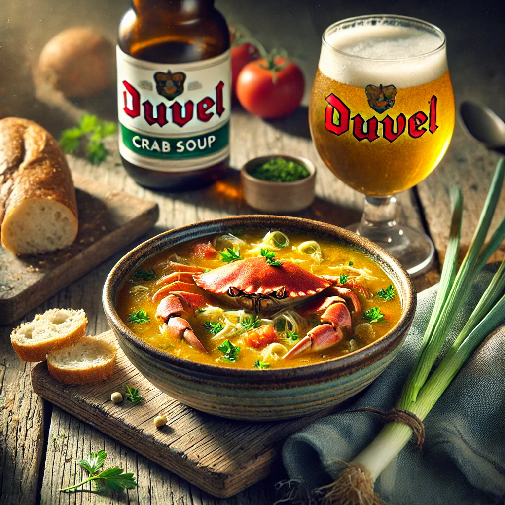 Een realistische foto van Duvelse krabsoep, geserveerd in een keramieken kom op een doorleefde houten tafel. De rijke, goudkleurige bouillon is op smaak gebracht met Duvel-bier en visbouillon, met malse stukjes krab, fijngesneden prei en tomaten die kleur en textuur toevoegen. Een snufje verse peterselie maakt het gerecht af. Een krokant stukje stokbrood ligt ernaast, perfect om te dippen. Op de achtergrond ligt een houten snijplank met extra krab, verse kruiden en een glas Duvel-bier, subtiel vervaagd.